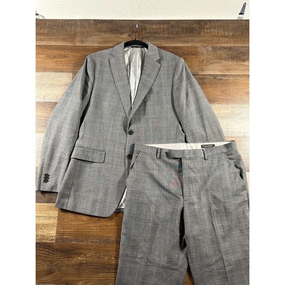 Banana Republic Mens Gray Glen Plaid Wool Suit Tailored Slim Fit 40R 35x30 Suit